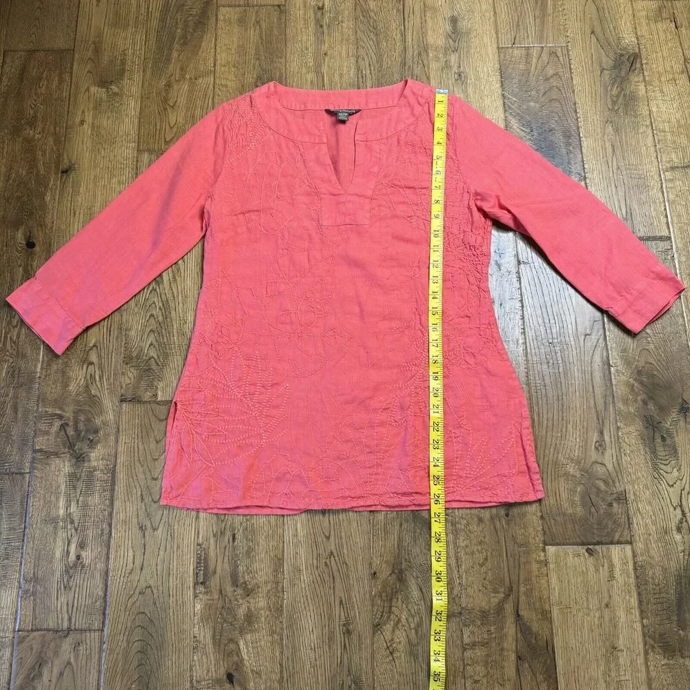 Tommy Bahama Coral Embroidered 100% Linen V-Neck 3/4 Sleeve Tunic Shirt Sz XS - Picture 3 of 6